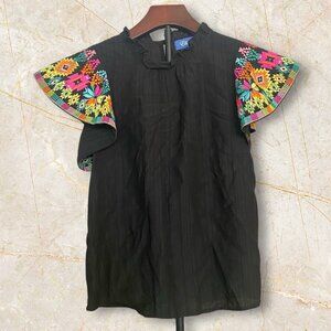 Black Embroidered Colorful‎ Floral Flutter Sleeve Blouse Ruffle Neck Lightweight